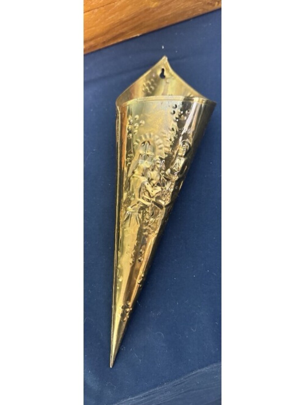 England Vintage Brass Cone Shaped Wall Mount Embossed Match Stick Holder